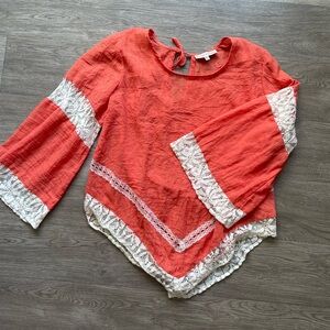 Young Threads Tunic Top Womens XL Lightweight Orange with Lace Boho